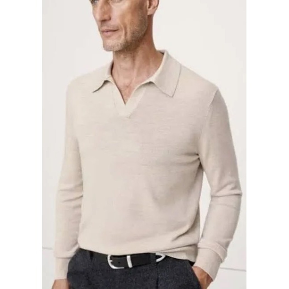 Banana Republic Mens XL Merino Wool Johnny Collar Sweater Polo Beige Preppy Fall